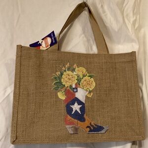 Yellow Rose of Texas Flag Boot Burlap Reusable Tote NWT
